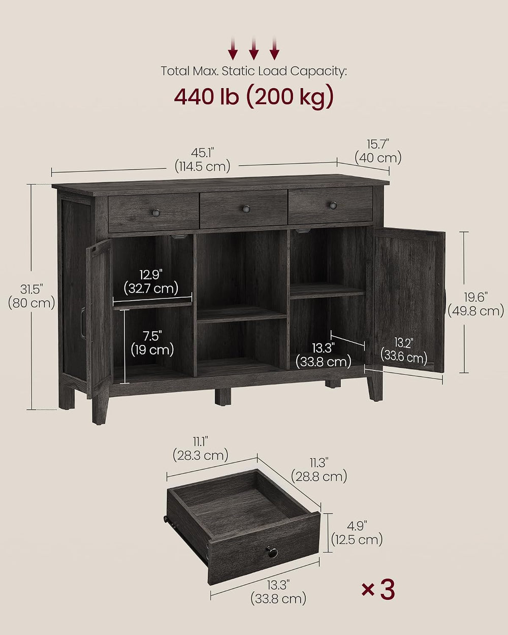 VASAGLE Buffet Cabinet, Coffee Bar with 3 Drawers, Adjustable Shelf