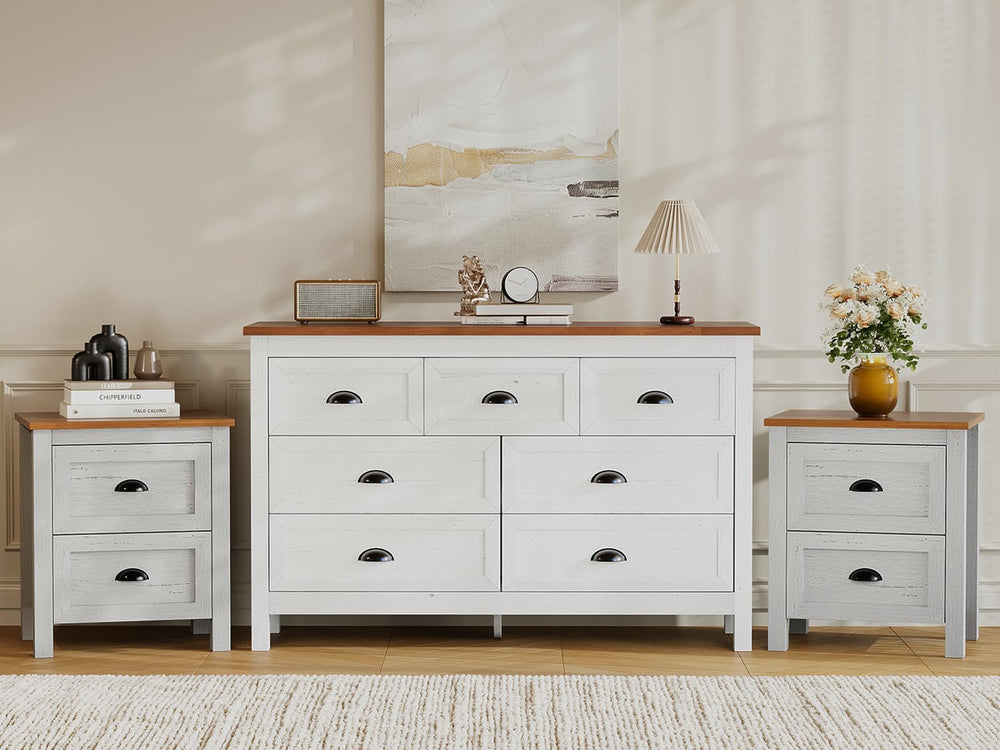 SINROM White Dresser Bedroom Set,7 Drawer Dresser & 2 Drawer Nightstands