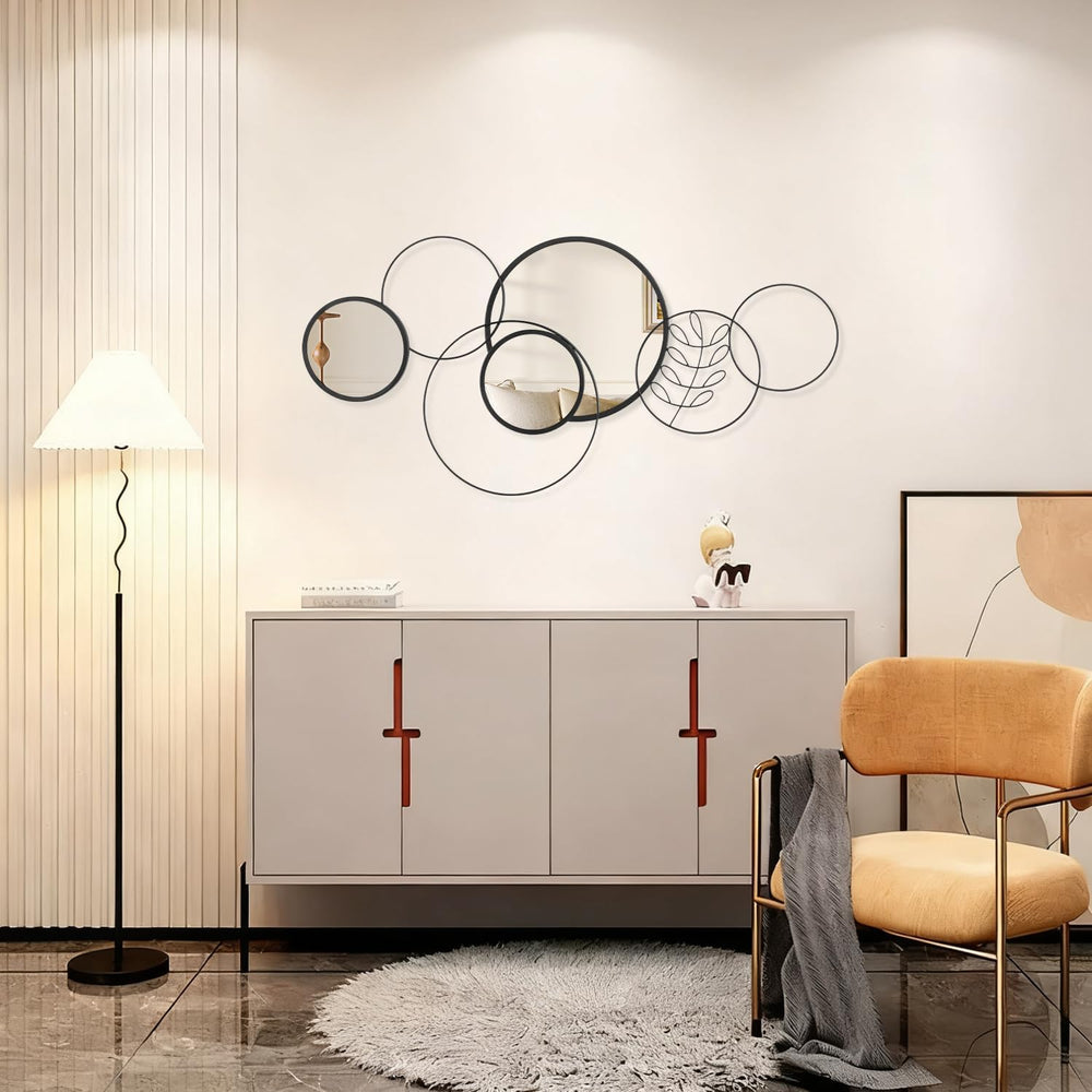 Black Round Wall Mirror Set, Metal Framed Circle Mirror Set Modern Decorative...