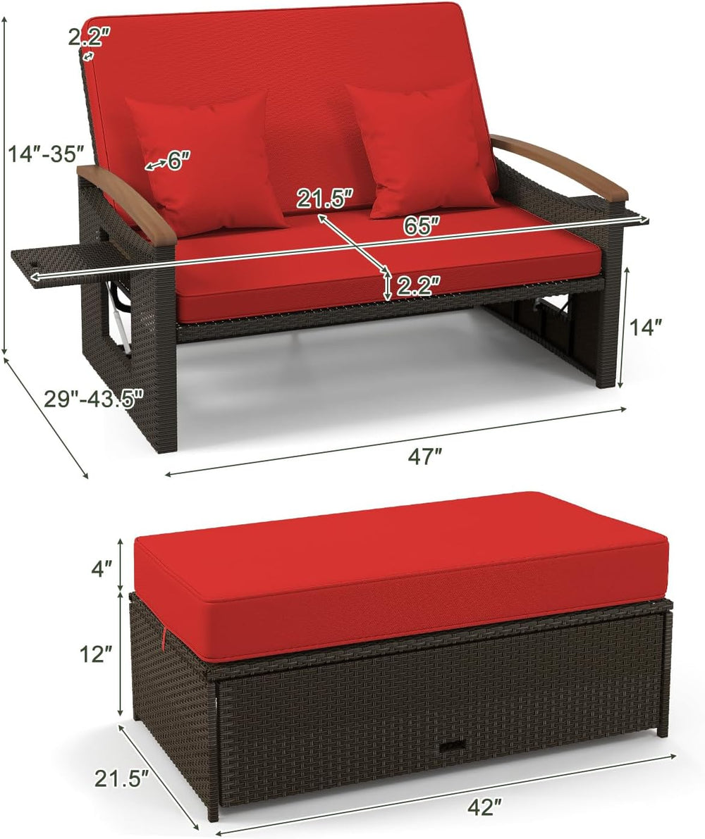 COSTWAY Patio Rattan Daybed, Outdoor Loveseat Sofa with Storage Ottoman