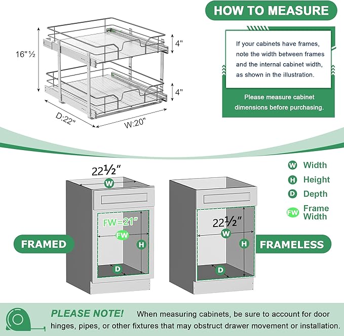 2-Tier Pull Out Cabinet Organizer, Soft Close Cabinet Slide Out Shelves