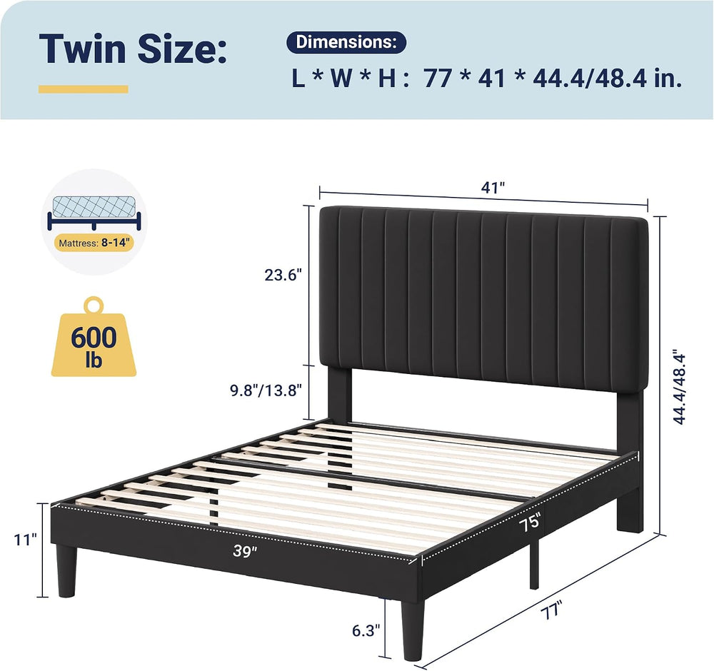 Allewie Twin Bed Frame, Velvet Upholstered Platform Bed with Adjustable Verti...