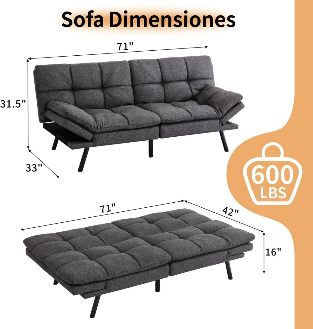 MUUEGM 71" Convertible Futon Sofa Bed, Adjustable Backrest & Armrest...