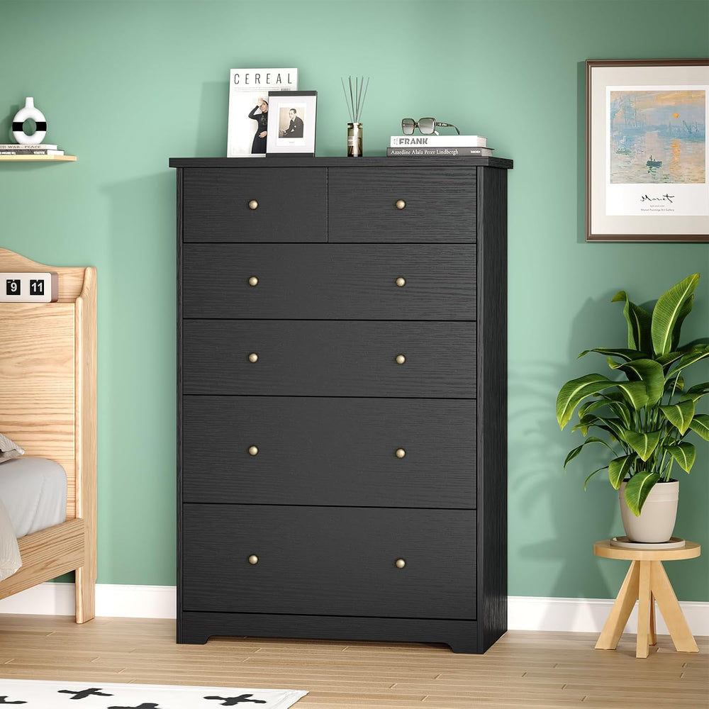 VINGLI 31.5"W Tall Black Dresser 6 Drawer Tall Black Chest of Drawers Deep