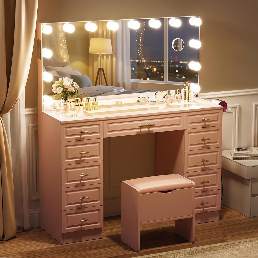VOWNER Vanity with Lighted Mirror, Makeup Vanity Desk w/Bluetooth Speaker