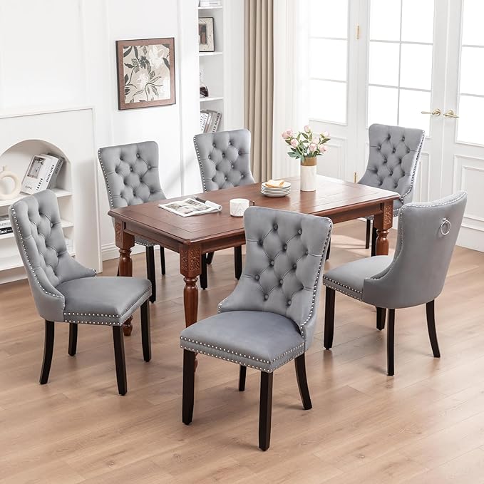 Velvet Dining Chairs Set of 6,Upholstered Dining Chairs with Ring Pull Trim a...