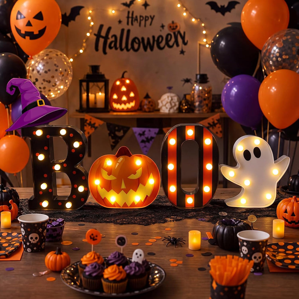 Ganeen Plastic Halloween Decoration LED Pumpkin Ghost Boo Light up Sign