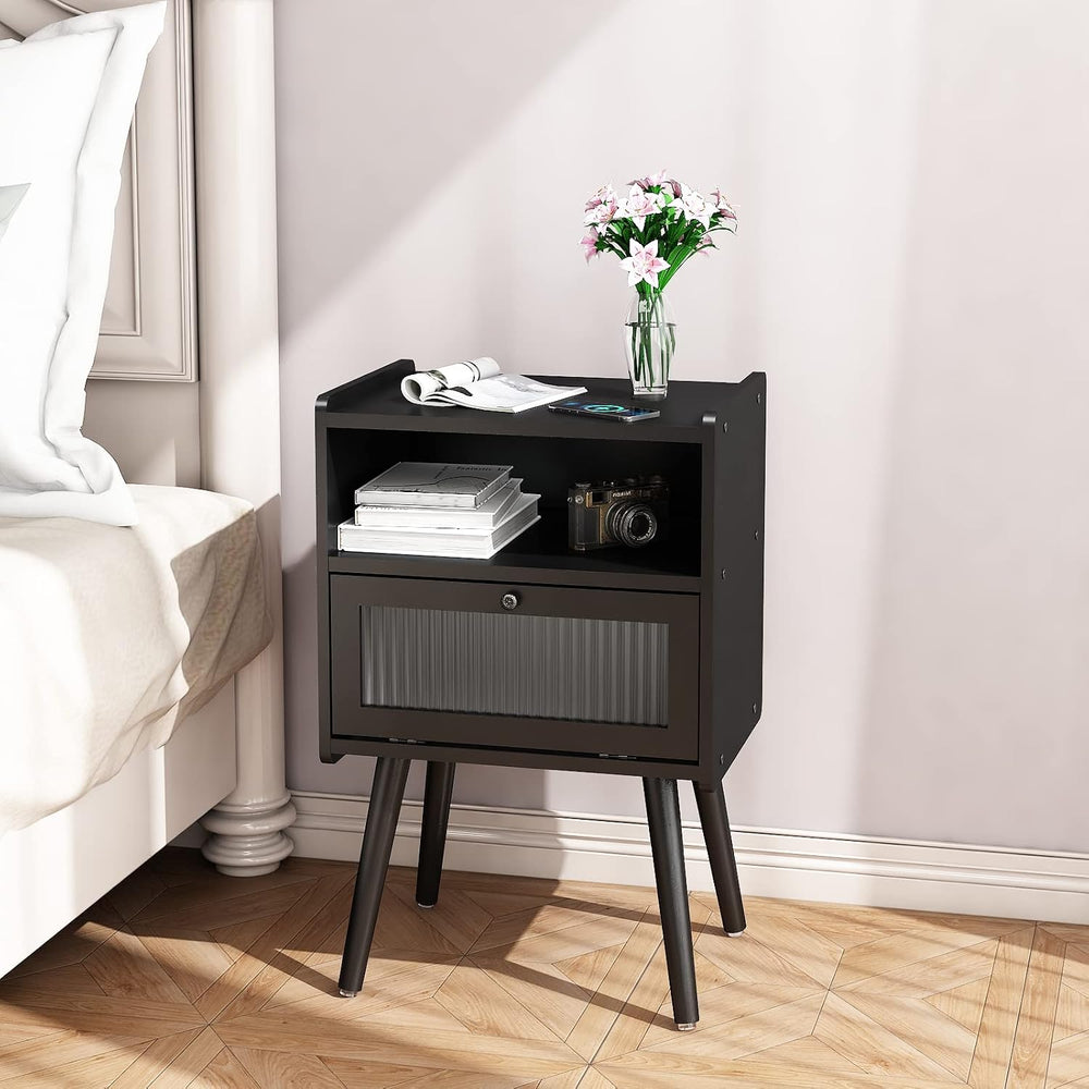 Mid Century Modern Nightstand, Bedside Table with Glass Door, Black | Side Ta...
