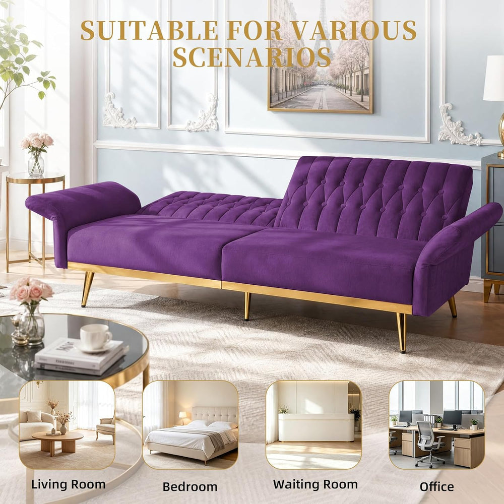70” Velvet Futon Sofa Bed w/Adjustable Armrests, Purpel
