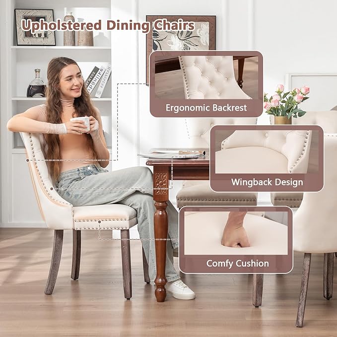 Velvet Dining Chairs Set of 6, Upholstered Dining Room Chairs with Nailhead R...