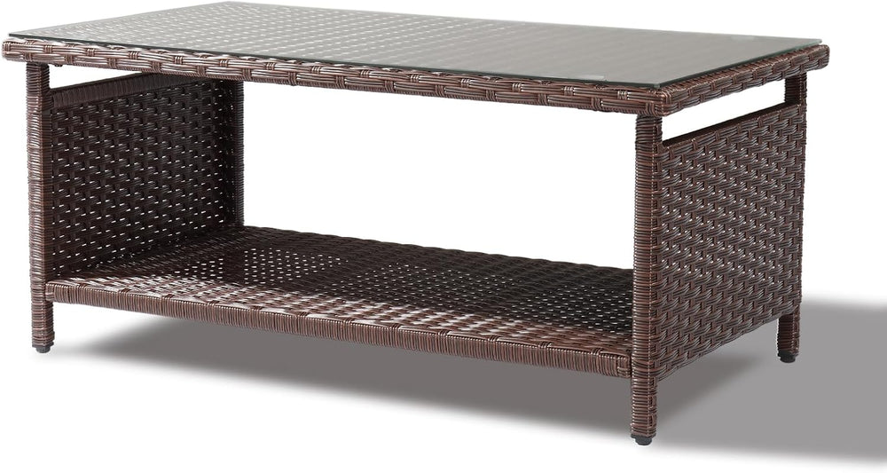 VINGLI Outdoor Wicker CoffeeTable Patio Coffee Tables for Outside, Tempered G...