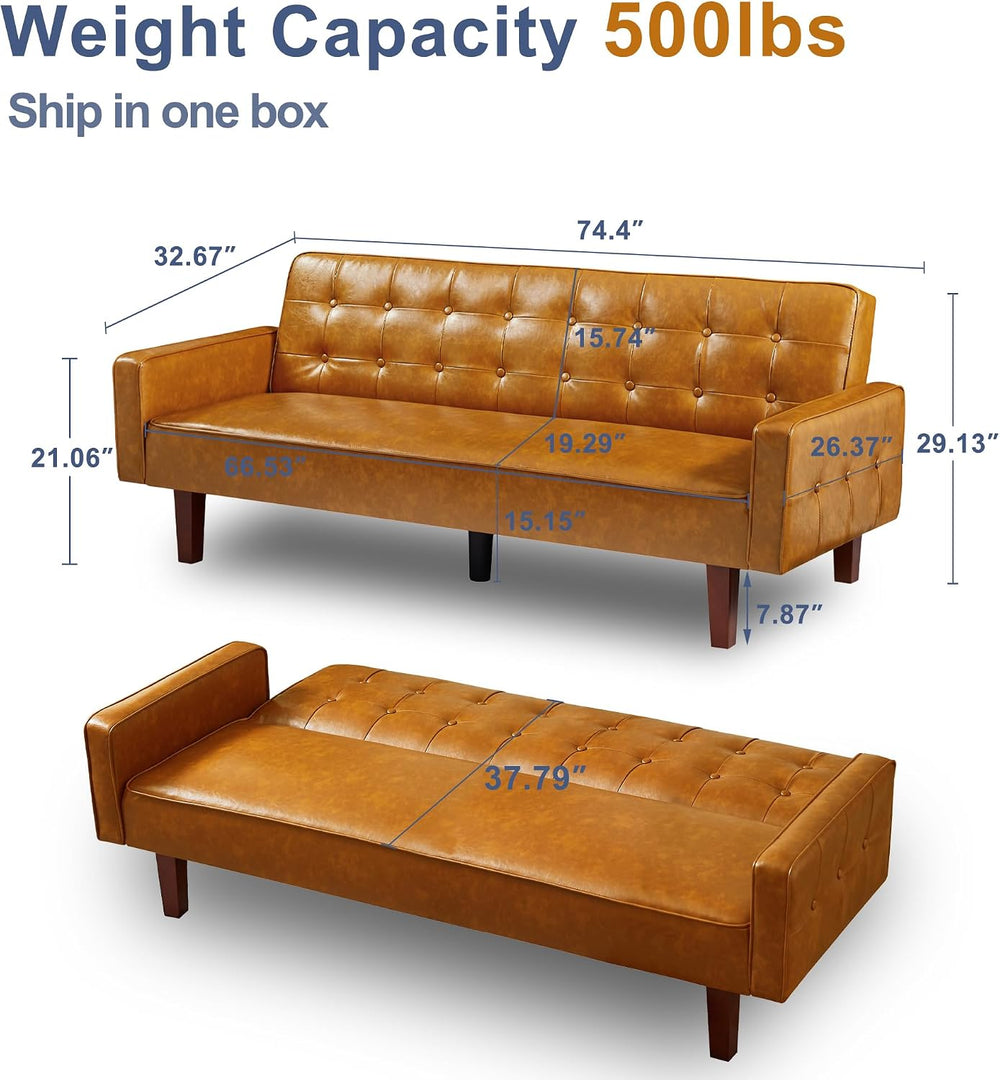 74" Futon Sofa Bed, Mid Century Modern Futon Couch, Small Sofa Cama, Lov...