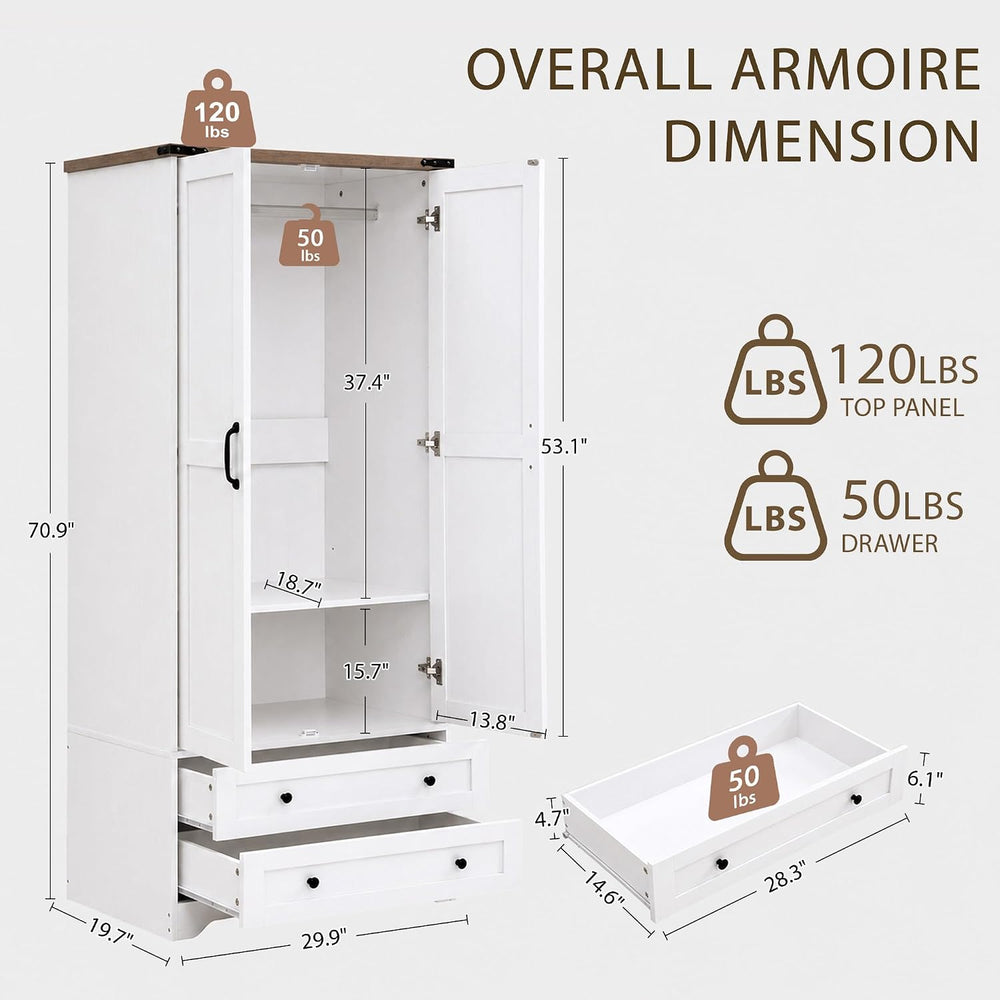 71" Wooden Armoire Wardrobe Closet with 2 Doors & 2 Drawers, White