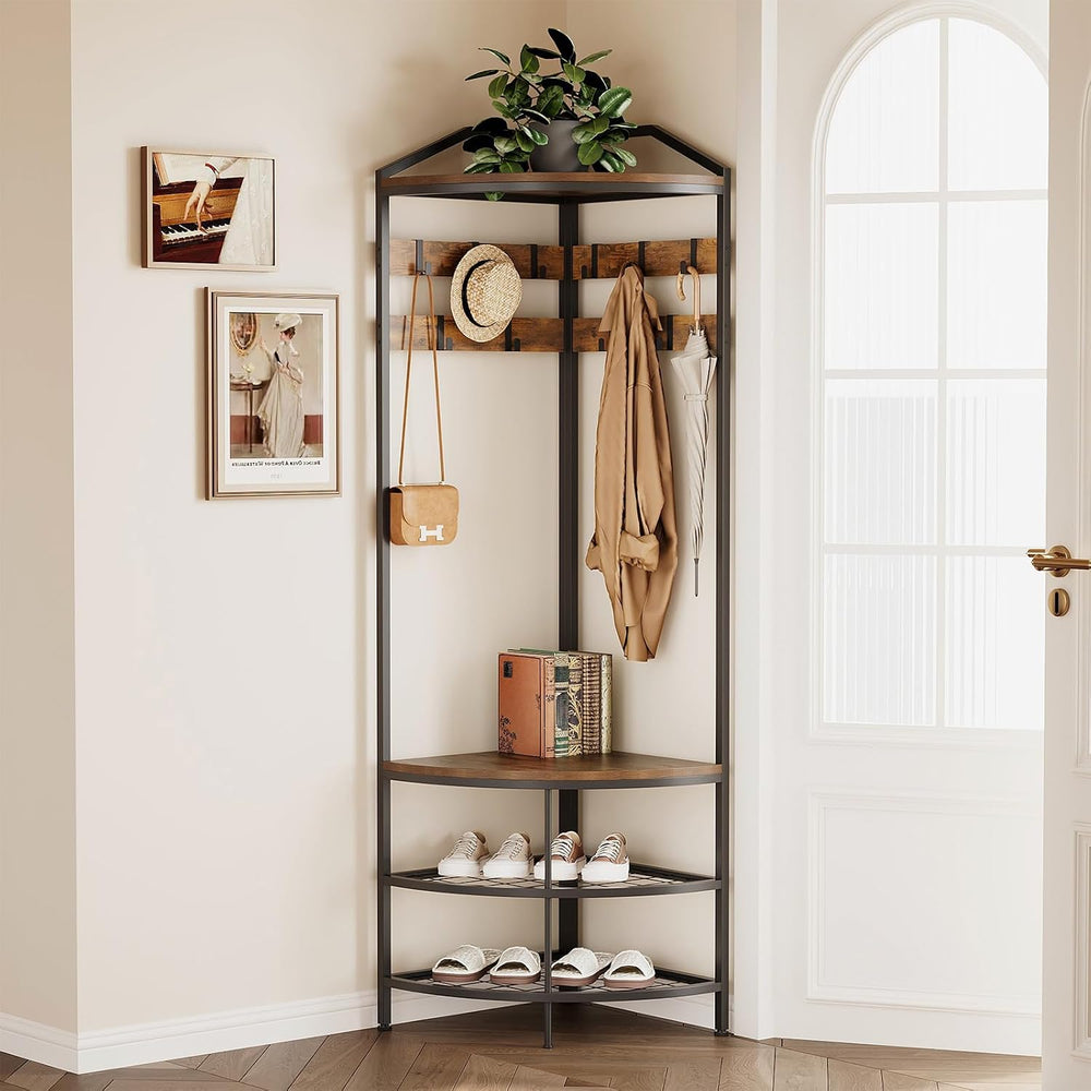 GiftGo Corner Hall Tree with Shoe Bench Entryway Coat Rack with 10 Metal Mova...