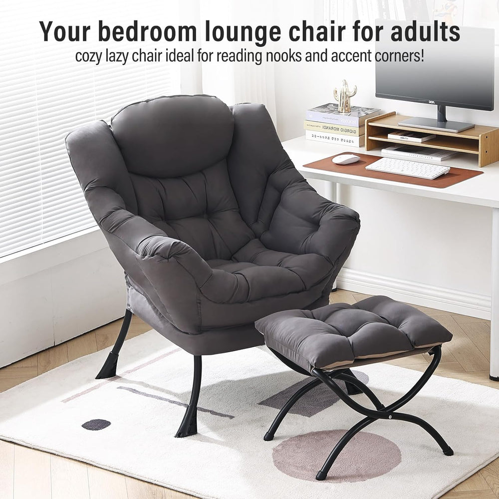 Furlide Lazy Chair with Ottoman, Modern Chair with Folding Footrest, Dark Gre...