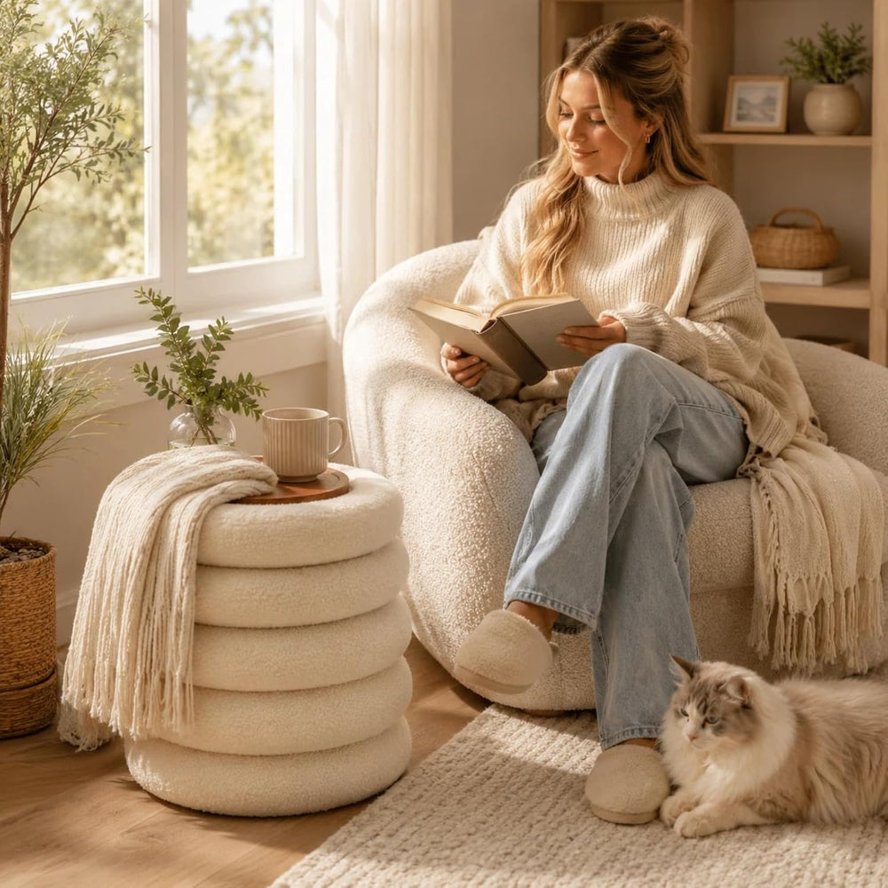 Wimarsbon Round Storage Ottoman, Modern Sherpa Footstool, Teddy Vanity Stool ...
