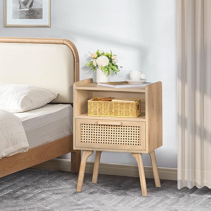Lerliuo Rattan Nightstands Set of 2, Boho Side Table with Drawer Open Shelf, ...