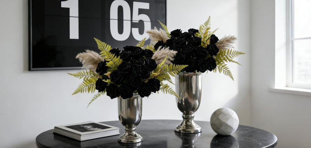 AmyHomie 48 PCS Black Roses, Velvet Realistic Fake Flowers w/Stems