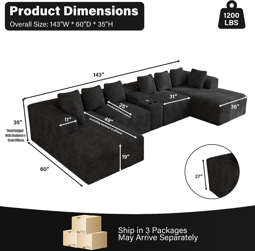 ONEMMLION 143" Oversized Cloud Sectional Couch for Living Room, Black
