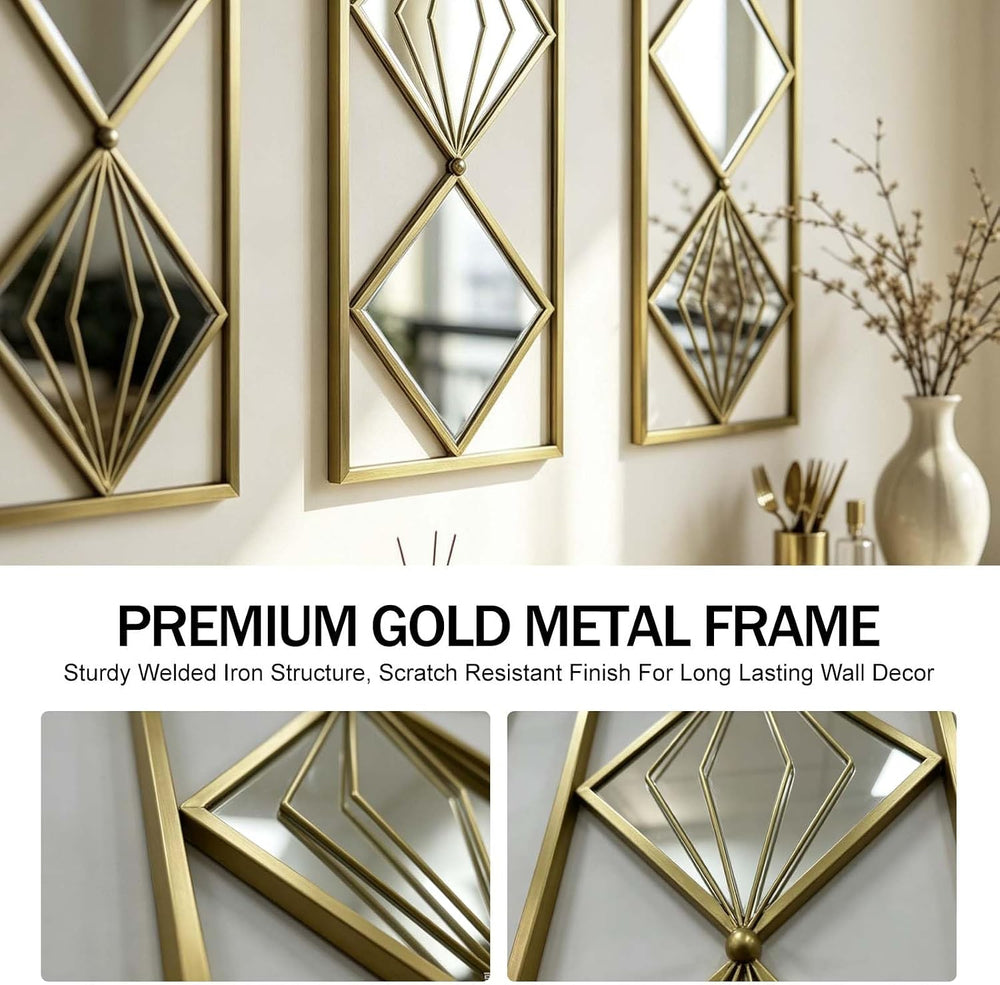 Set of 3 Gold Wall Mirrors, Large Geometric Decorative Mirrors with Metal Fra...