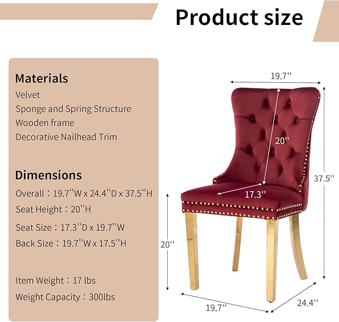 Luxury Upholstered Dining Chairs Set of 2, Red Kitchen Chair with Golden Meta...