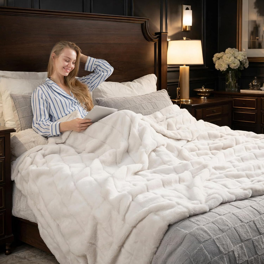 Cozy Bliss Deluxe Sheared Rabbit Faux Fur Throw Blanket, Soft Fuzzy High-Low ...