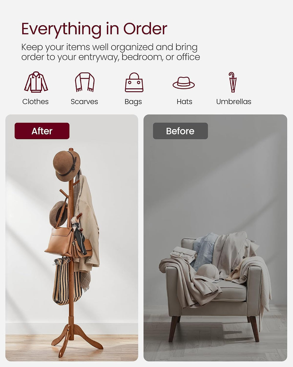 VASAGLE Solid Wood Coat Rack, Free Standing Tree-Shaped Coat Rack with 8 Hook...