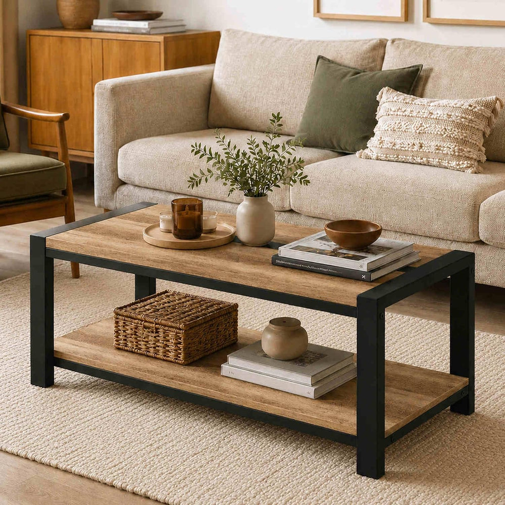 BON AUGURE Coffee Table with 2-Tier Open Shelf, Industrial 43In Vintage Oak