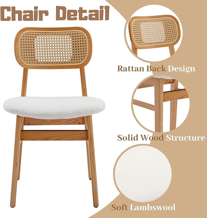 Rattan Dining Chairs Set of 2 White Lambswool Dining Room Chairs Natural Wood...