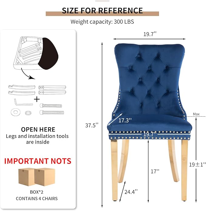 Mid Century Modern Dining Chairs Set of 4, Blue Velvet Upholstered Tufted Bac...