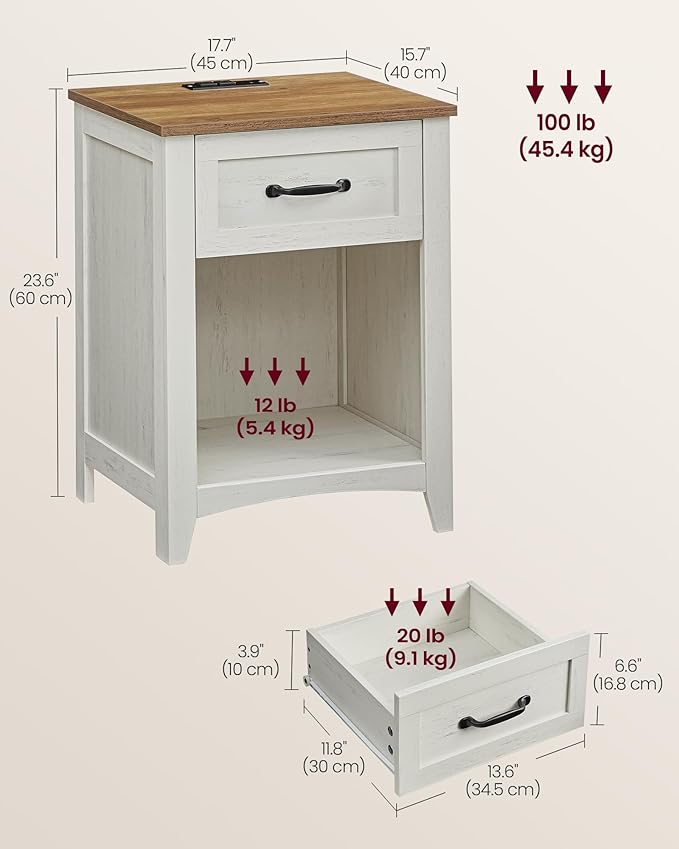 VASAGLE LIRY Collection - Farmhouse Nightstand with Charging Station, Bedside...