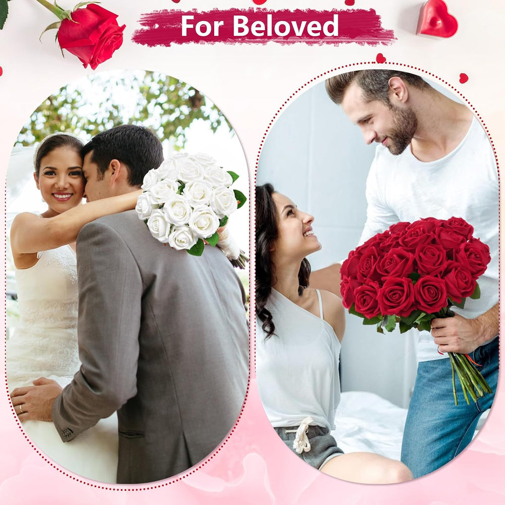 50Pcs Red Roses Artificial Flowers, Real Touch Velvet Fake Roses Bouquet