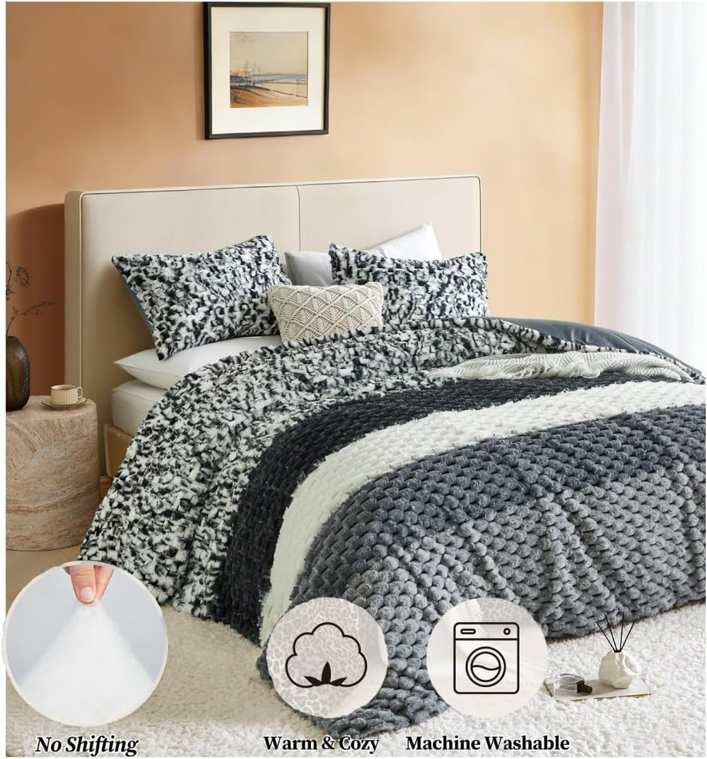 Petrichor Fluffy King Comforter Set - Black and White Striped Faux Fur Blanke...