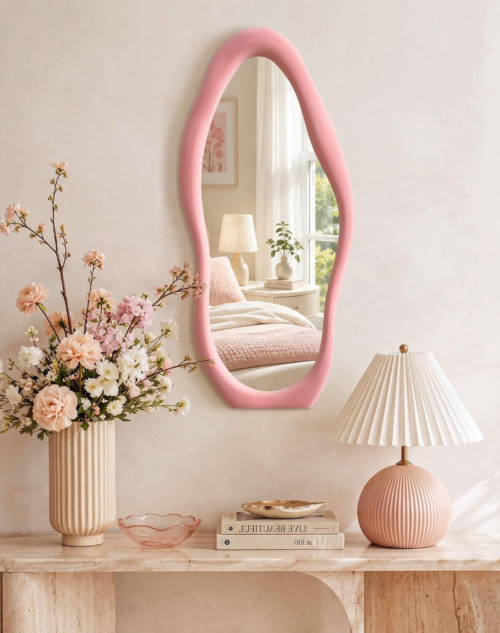Irregular Wall Mirror Decor for Living Room Hallway,30x14",Soft Pink
