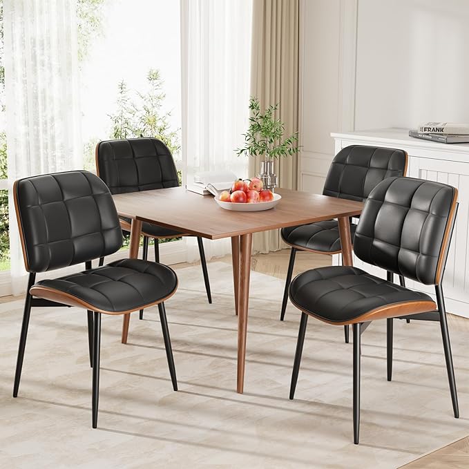 Dining Chair, Black Mid Century Modern Dining Room Chair, Upholstered Faux Le...