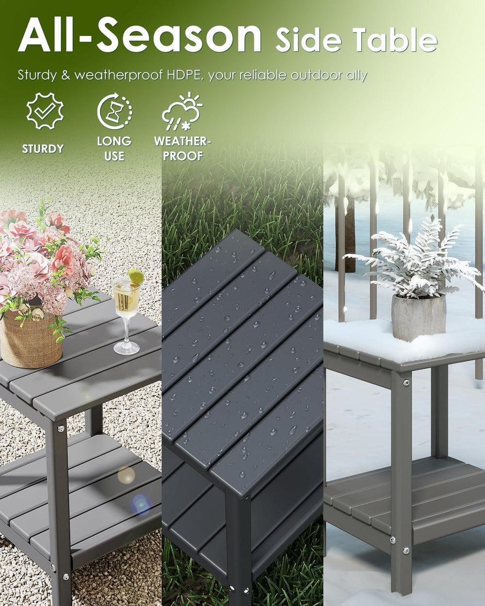 GREENVINES Outdoor Side Table, HDPE 2-Tier Adirondack Tables, Gray