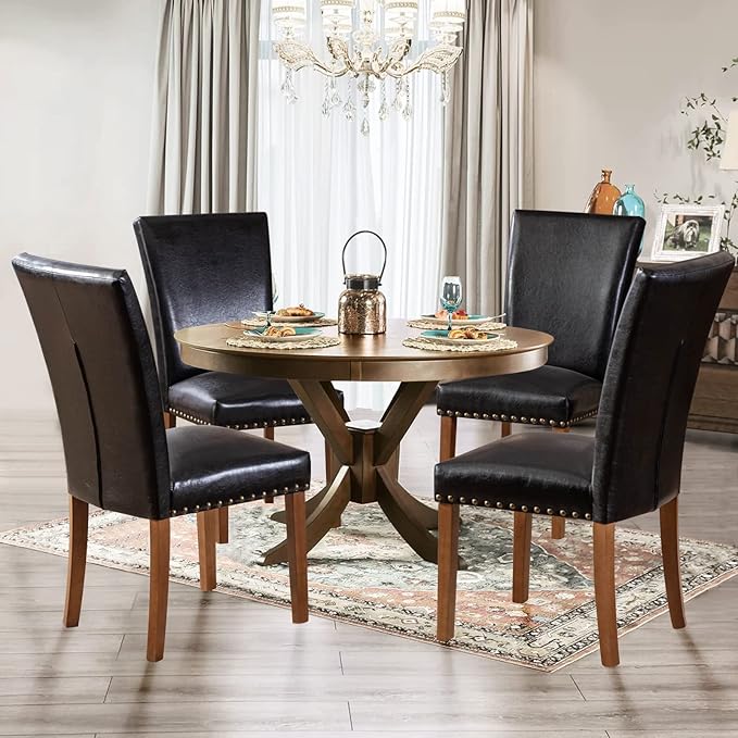 Parsons Dining Chairs Set of 2, Upholstered Nailhead PU Leather Dining Room K...