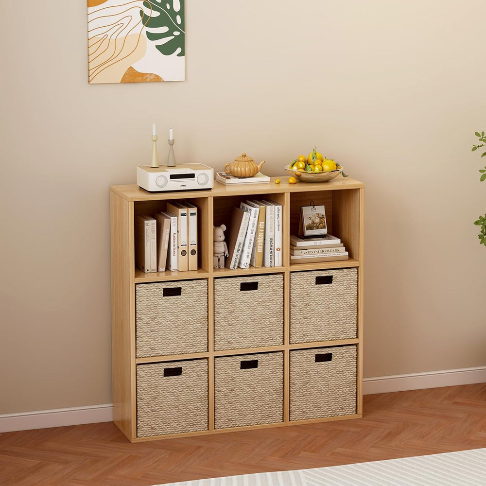 9-Cube Storage Shelf Bookcase - Wooden 3-Tier Floor Standing Open Bookshelf f...