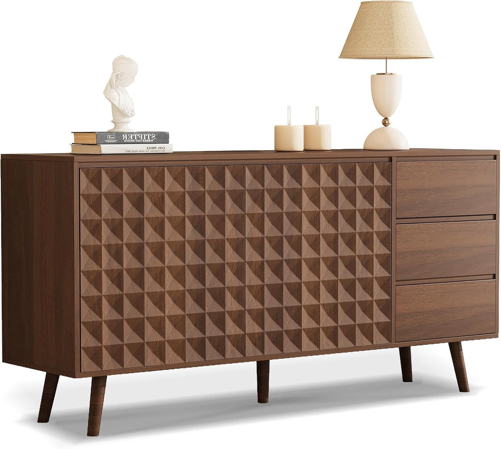 60" Buffet Cabinet with 3 Drawers and 2 Doors, Dark Brown