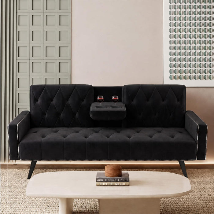 Anwick Modern Velvet 2 in 1 Futon Sofa Bed,Convertible Folding Sleeper Bed Couches with 2 Pillows,73" Tufted Recliner Love Seat with Golden Chrome Legs for Living Room Apartment Office (Black-new)