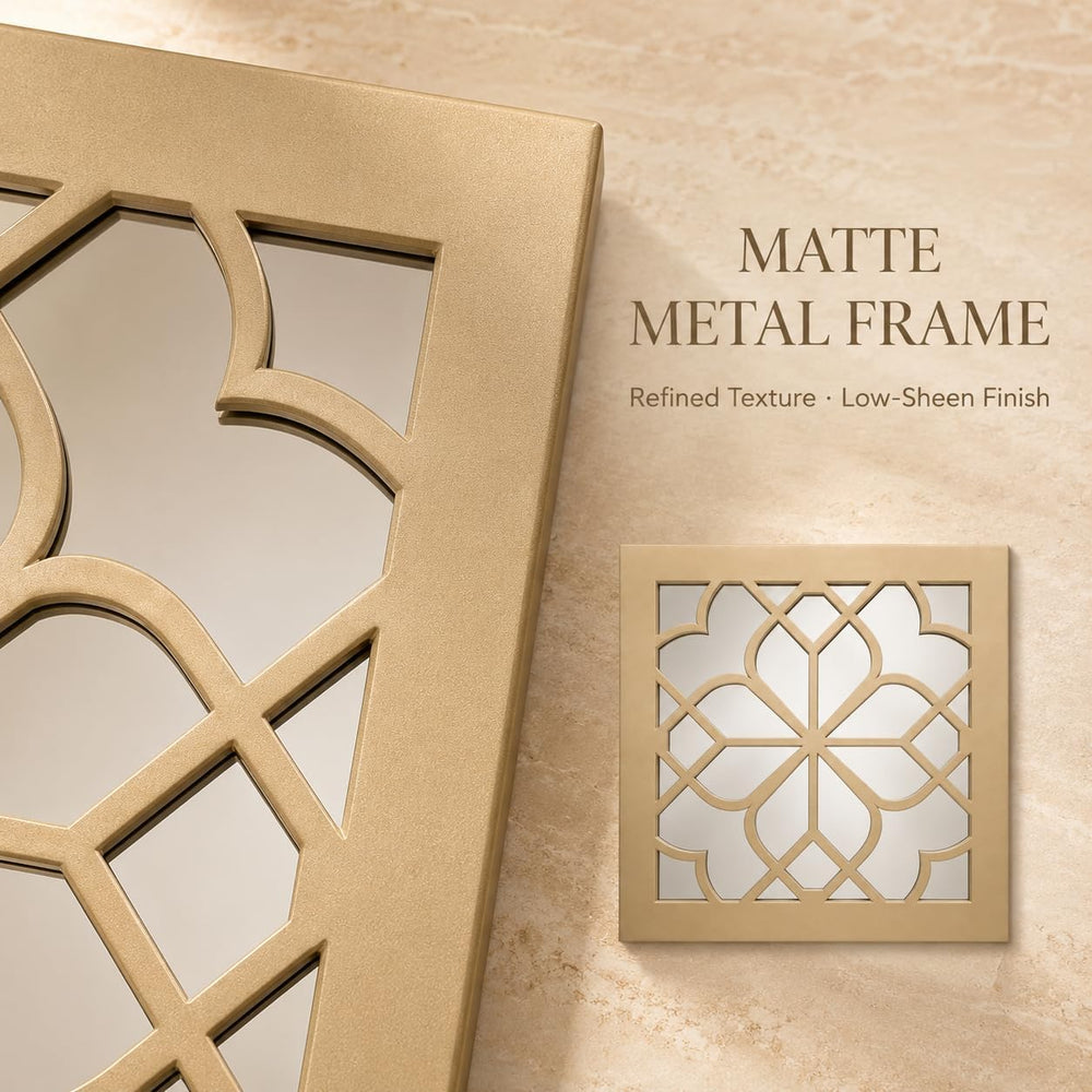 Set of 2 Boho Square Wall Mirrors - Matte Gold Metal Shatterproof Hanging for...