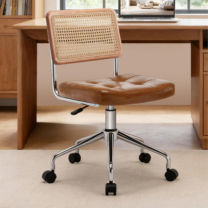 Zesthouse Leather Office Desk Chair with Wheels, Mid Century Rolling Desk Chair with Natural Rattan Back, Modern Swivel Home Office Chair, Small Height Adjustable Computer Task Chair, Brown