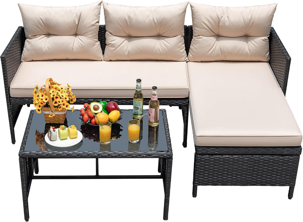Devoko Outdoor Patio Furniture 3-Piece Rattan L Shaped Sectional Sofa Beige