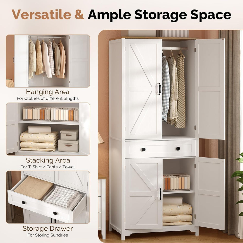 VINGLI Farmhouse Armoire Wardrobe Closet with 4 Doors and 1 Drawer, White