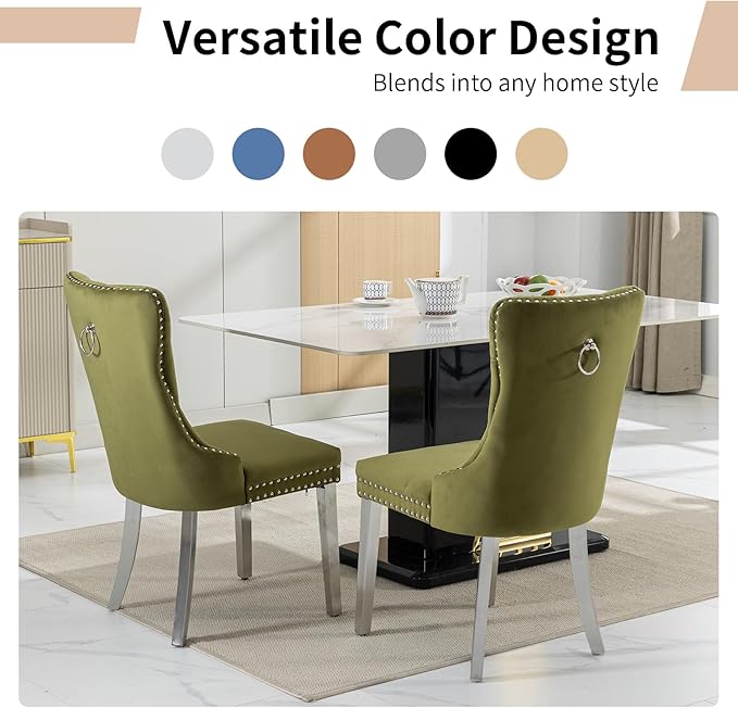 Luxury Upholstered Dining Chairs Set of 6, Olive Green Kitchen Chair with Sil...