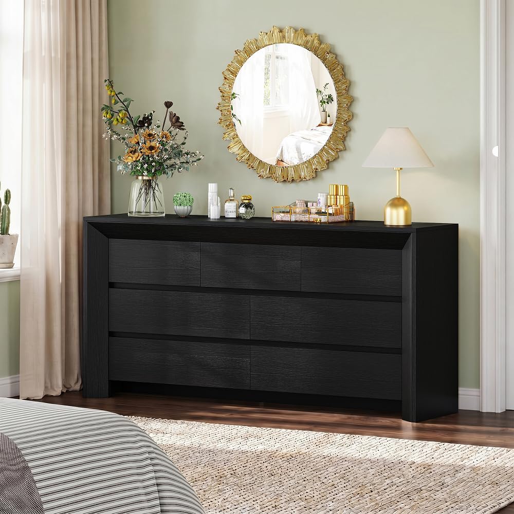 iPormis 7 Drawer Dresser for Bedroom, 57” Wide Wooden Dresser, Black