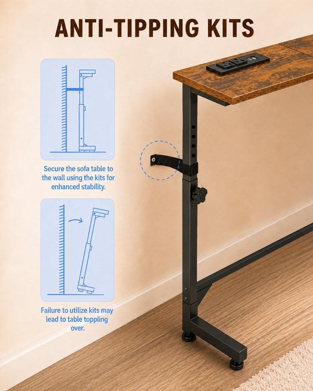 2Pack Behind Couch Table w/Charging Station Narrow Console Table | Adjustable...