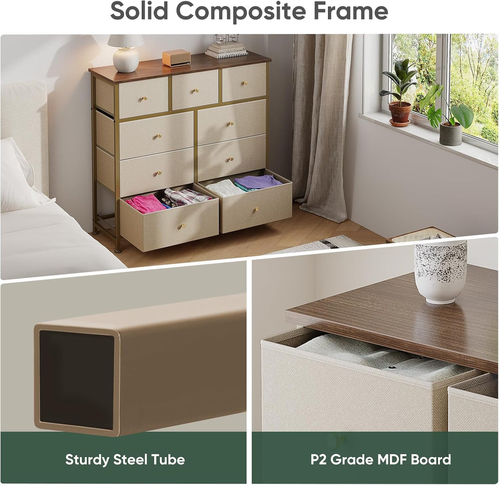 Dresser for Bedroom with 9 Drawers, Anti-Tip Fabric Storage Tower