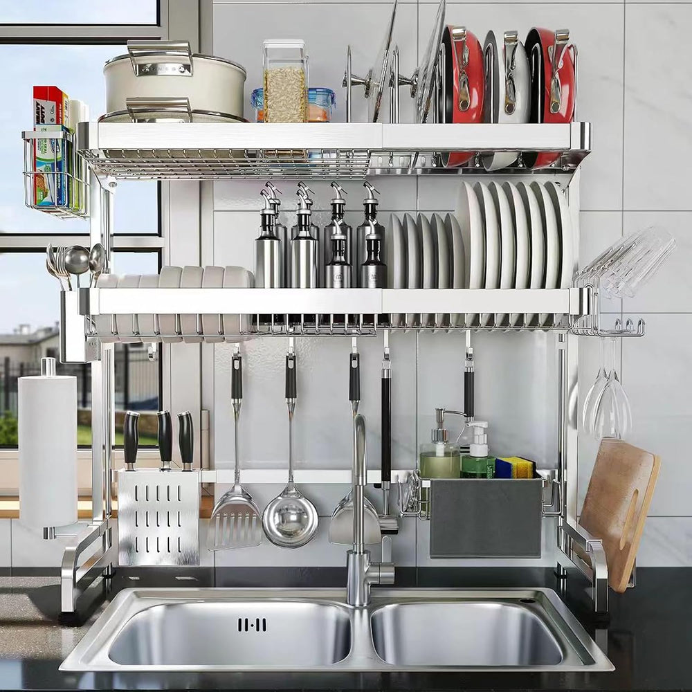 Over The Sink Dish Drainer Drying Rack, Full Stainless Steel 3-Tier Adjustable