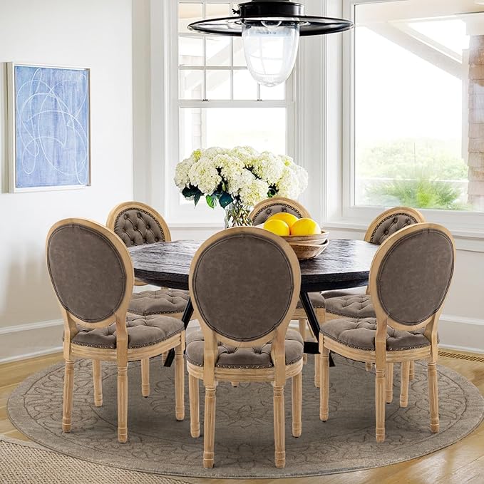 PU Leather Upholstered Dining Chairs Set of 6 French Country Round Back Kitch...